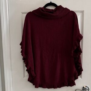Joseph Burgundy Ruffle-Trim Poncho Sweater medium